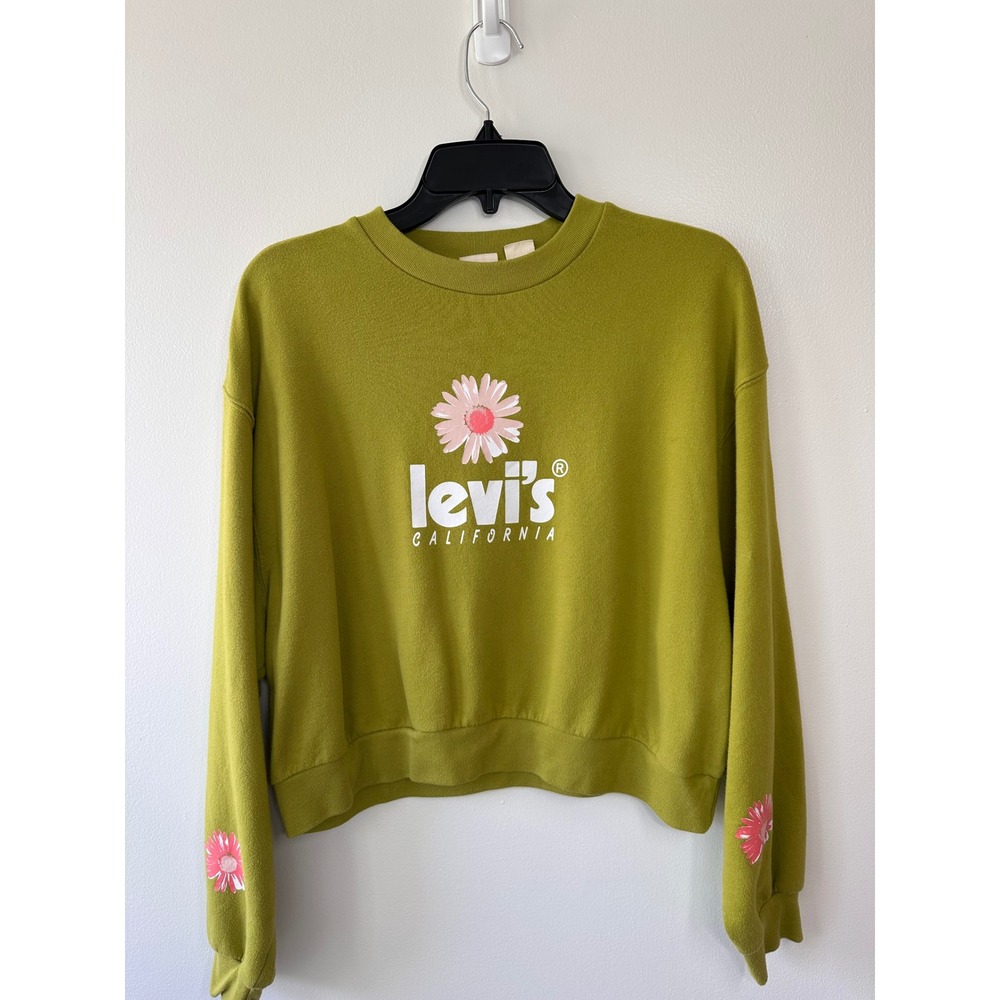 Levis California Daisy Graphic Sweatshirt Chartreuse Green Cropped Pullover M